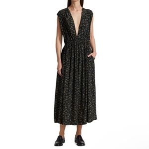 GANNI Black Floral Print Crepe V Neck Sleveless Dress